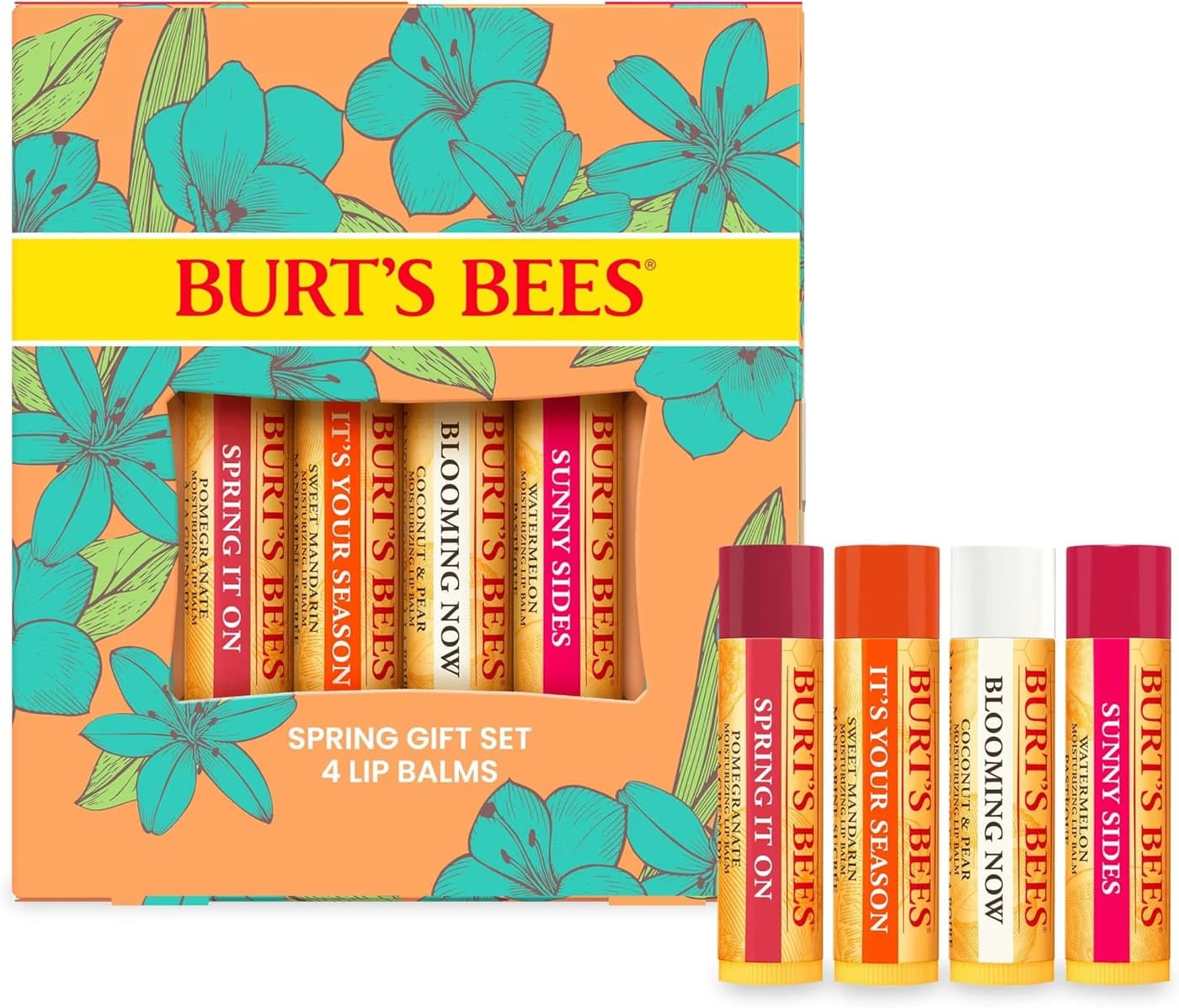 Burt's Bees Lip Balm Spring Gift Set, Watermelon, Coconut & Pear, Sweet Mandarin, Pomegranate, 4x4.25g
