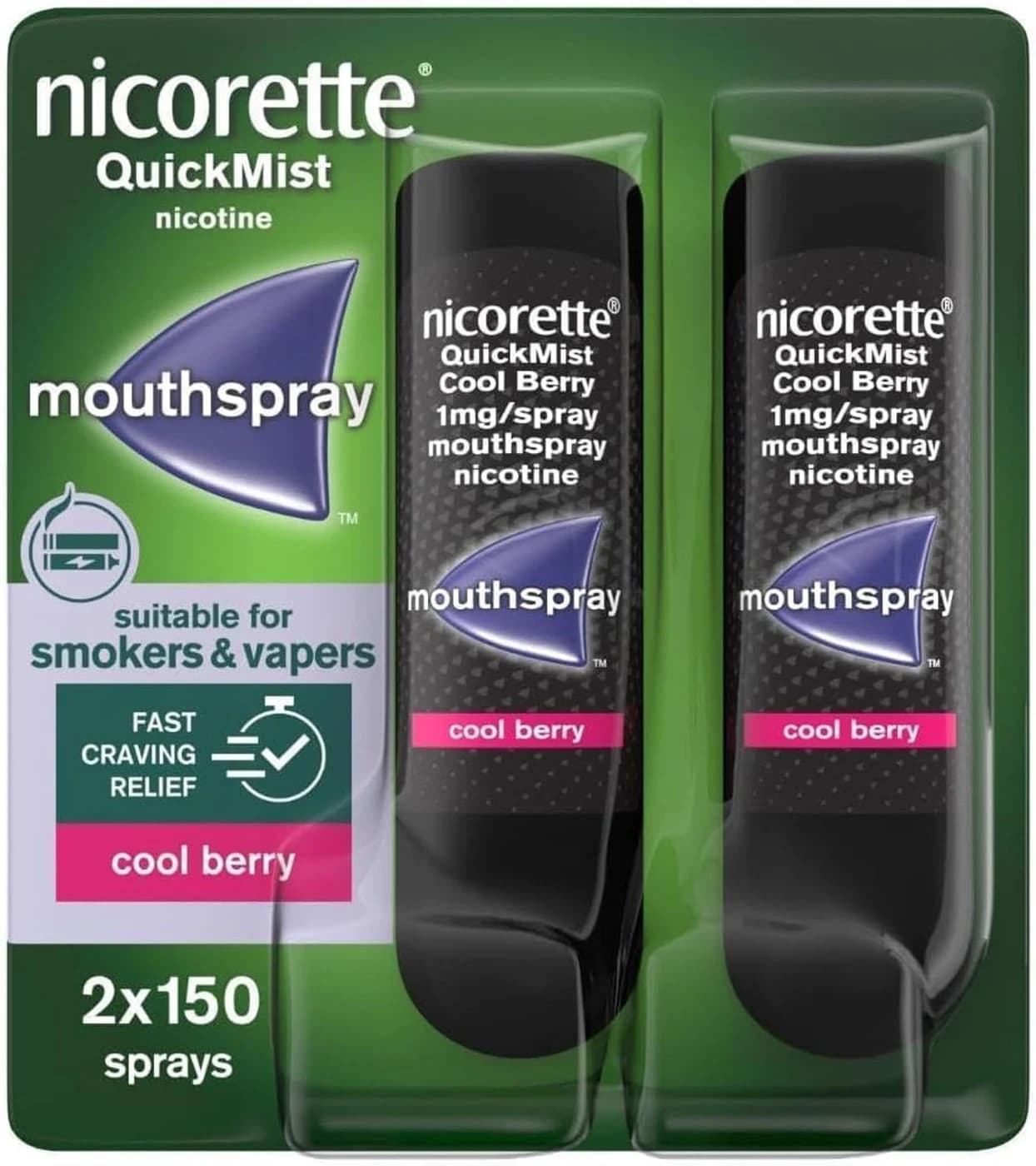 Nicorette Quickmist 1 mg Nicotine Mouthspray, 2 x 150 Sprays, Cool Berry